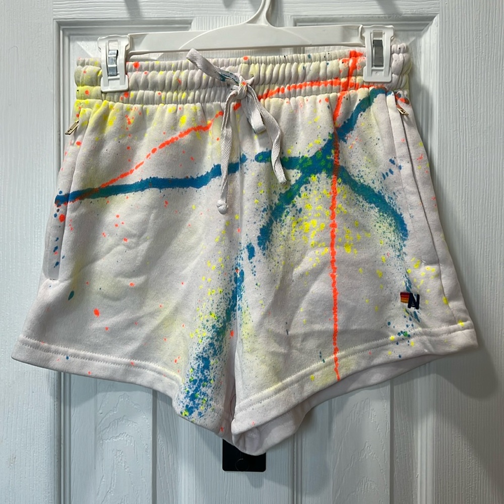 Aviator Nation White Shorts with Neon Paint Splatter (Blue, Yellow, Orange)